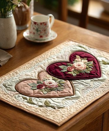 Floral Devotion Quilted Placemat - Romantic Bloom Table Mats For Weddings, Showers & Everyday Dining, Elegant Floral Kitchen Decor
