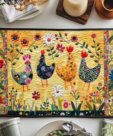 Floral Chickens Quilted Table Mat - Farmhouse Floral Chicken Placemat For Rustic Kitchen, Colorful Dinner Decor, Easy Care