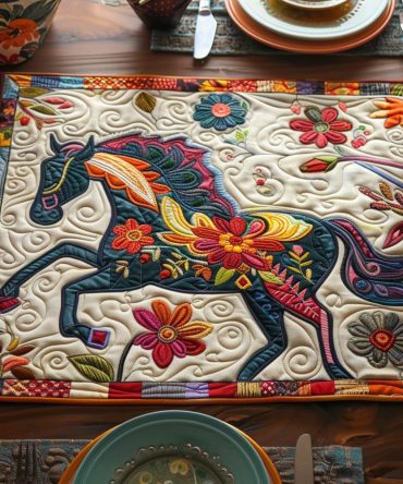 Floral Gallop Quilted Placemat — Energetic Equine Floral Print Table Mat, Premium Quilting for Stain Resistance & Everyday Dining Style