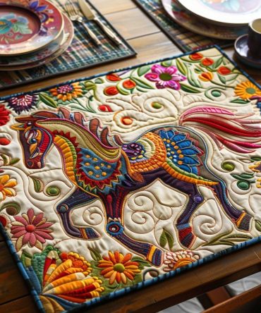 Floral Equestrian Quilted Placemat — Charming Horse & Flower Table Runner-Style Mat with Machine-Washable Fabric and Stain Resistance