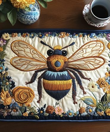 Floral Buzz Quilted Placemat - Cheerful Flower & Bee Design, Full-Size Placemat, Easy-Care Quilting for Busy Kitchens