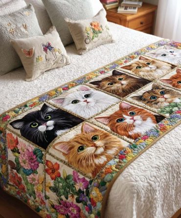 Luxury Floral Cats Quilted Bed Scarf — Reversible Cotton-Blend Runner For King/Queen, Soft Cozy Bedroom Accent, Machine Washable