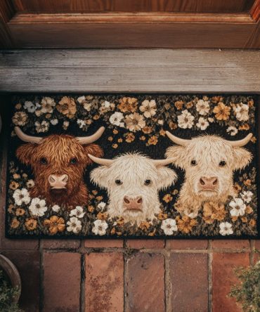 Floral Highland Cow Welcome Mat - Decorative Outdoor Entry Rug With Botanical Accent & Highland Cow Illustration, Durable Porch Mat