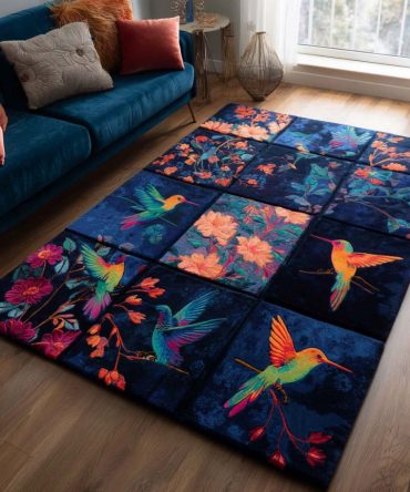 Hummingbird & Blooms Area Rug — Lively Floral Hummingbird Design Rug With Vivid Colors, Low-Pile Comfort & Slip-Resistant Backing
