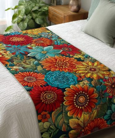 Floral Joy Quilted Bed Runner — Elegant Garden-Inspired Bed Scarf For Queen & King Beds, Soft Cotton-Blend, Machine Washable Accent
