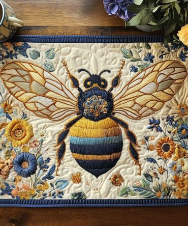 Floral Majesty Bee Quilted Placemat - Royal Botanical Table Mat with Elegant Embroidery, Durable Quilting for Daily Use