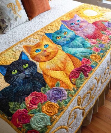 Botanical Cat Quilted Bed Runner — Floral Paws Cotton Throw For Bed & Sofa , Reversible, Durable, Machine-Washable Home Decor