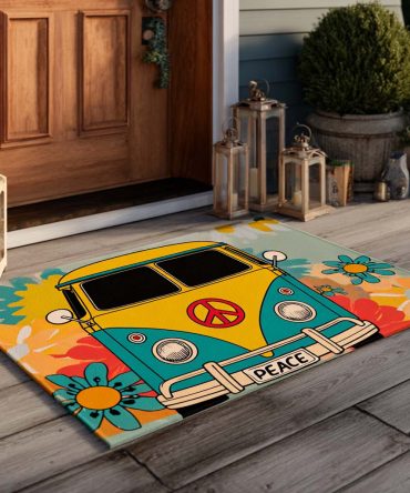 Floral Retro Van Entrance Mat – Colorful Vintage Camper Welcome Rug, Weatherproof Outdoor Doormat With Boho Flower Design