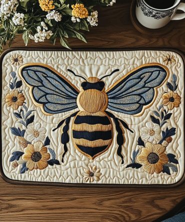 Floral Winged Bee Quilted Placemat - Botanical Bee Table Mat, Reversible Design, Machine Washable & Lightweight Dining Accent