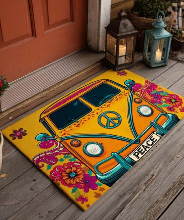 Retro Flower Power Van Doormat – Vintage Camper Welcome Rug With Peace Sign, Durable Outdoor Porch Mat For Boho & Hippie Décor