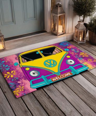 Flower Power Camper Doormat – Retro Van Welcome Rug With Bold Blooms, Durable Outdoor Entrance Mat For Boho Home Decor