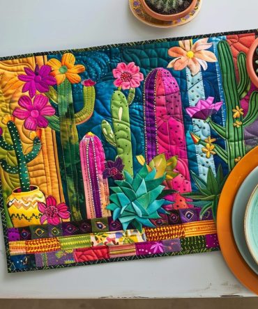Flowering Cactus Quilted Placemat — Colorful Desert Floral Table Decor, Machine-Washable, Durable Cotton-Blend Mat for Kitchen & Dining Rooms