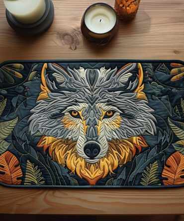 Forest Wolf Quilted Placemat — Woodland Wolf Art 12x18 Table Mat, Rustic Cabin Table Runner Alternative, Machine-Washable