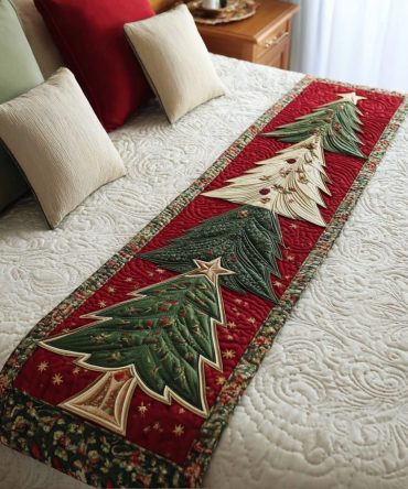 Forest Charm Quilted Bed Runner - Woodland Holiday Bedding Accent With Quilted Detail, Reversible Design For Queen & King Beds, Cozy Cabin Style