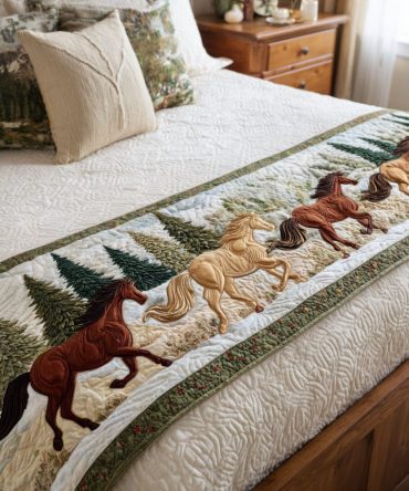 Forest Gallop Quilted Holiday Bed Scarf — Rustic Woodland Christmas Runner, Reversible Quilted Bedding Accent For Cozy Cabins