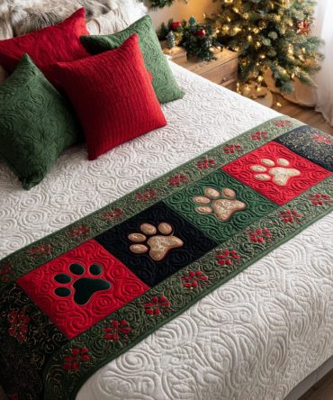 Forest Pawlane Quilted Bed Runner — Woodland Paw Print Bedding Accent With Earthy Tones For Cozy Cabin & Nature-Inspired Rooms