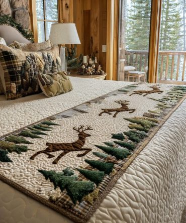 Forest Reindeer Quilted Bed Scarf — Nordic-Inspired Holiday Bed Runner, Rustic Reversible Bedding Accent For Cozy Cabin Or Mountain Retreat