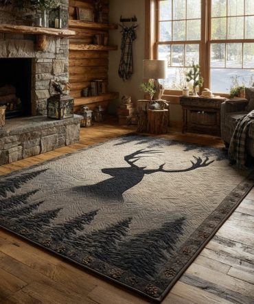 Majestic Forest Stag Rug — Rustic Deer Silhouette Area Rug, Durable Low-Pile Non-Slip Floor Decor For Lodge & Living Room
