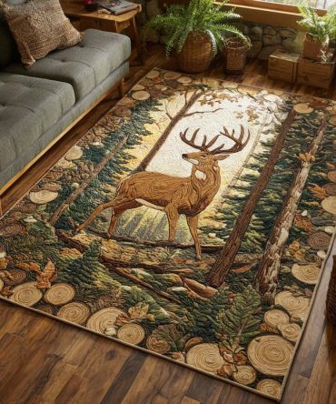 Elegant Antler Forest Stag Area Rug — Neutral Rustic Deer Rug, Fade-Resistant Durable Floor Mat For Cabin, Entry, Living Areas