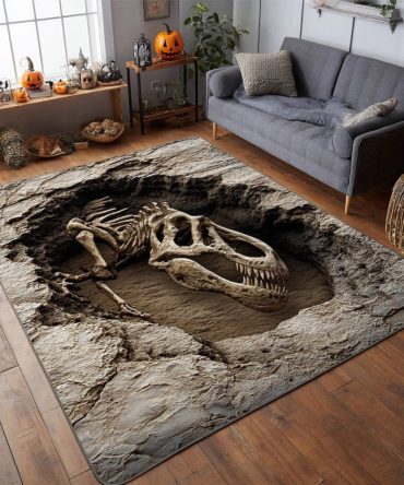 Fossil Find Discovery Rug — Neutral Earth-Tone Dinosaur Fossil Area Rug, Durable Stain-Resistant Low-Pile Mat For Playrooms & Bedrooms