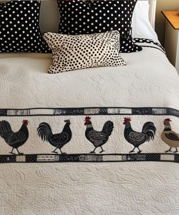 Fowl Fantasy Farmhouse Quilted Bed Runner — Colorful Chicken Print Bed Scarf, Soft Quilting, Rustic Country Bedroom Accent