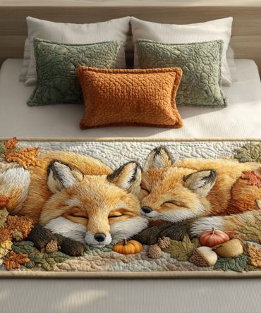 Fox In The Patch Quilted Bed Runner — Woodland Fox Decorative Bed Scarf, Reversible Cotton-Blend Accent For Cozy Cabin & Kids Rooms
