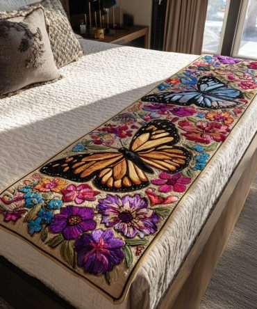 Free Butterfly Quilted Bed Runner - Colorful Floral & Butterfly Decorative Throw For Queen/King Beds, Lightweight & Reversible Accent