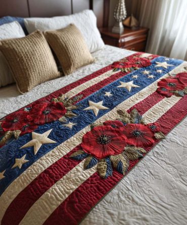 Freedom Flowers Quilted Bed Scarf — Americana Floral Bed Accent For Holiday Styling & Everyday Country-Chic Bedrooms