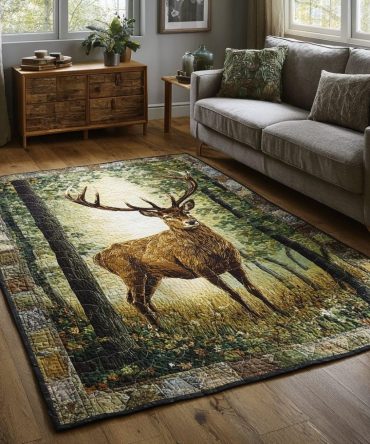Frontier Deer Rustic Area Rug — Handcrafted-Look Wildlife Design, Durable Low-Pile Rug For Cabin, Living Room & Lodge