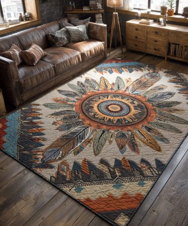 Frontier Feather Crest Area Rug — Southwestern Feather Motif, Durable Indoor Rug For Entryway, Living Room & Porch