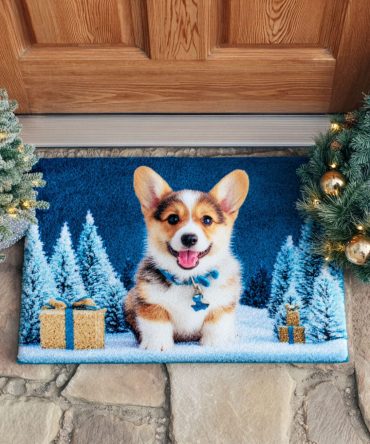 Frost Corgi Winter Welcome Mat — Elegant Frosted Corgi Design Doormat, Indoor/Outdoor, Weatherproof Coir, Non-Slip, Holiday Porch Décor