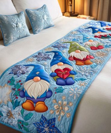 Frost Gnome Glow Quilted Bed Runner — Whimsical Winter Bed Scarf With Festive Gnome Motif, Quilted Texture, Holiday Ready