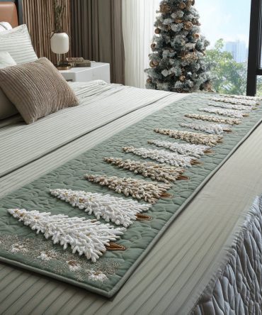 Frosted Pines Quilted Bed Runner — Christmas Tree & Pine Needle Bedding Accent For Seasonal Styling, Soft Quilted Texture