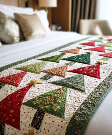 Frosted Tree Quilted Bed Runner — Icy Evergreen Holiday Bed Scarf, Quilted Winter Tree Accent For Seasonal Bedroom Styling
