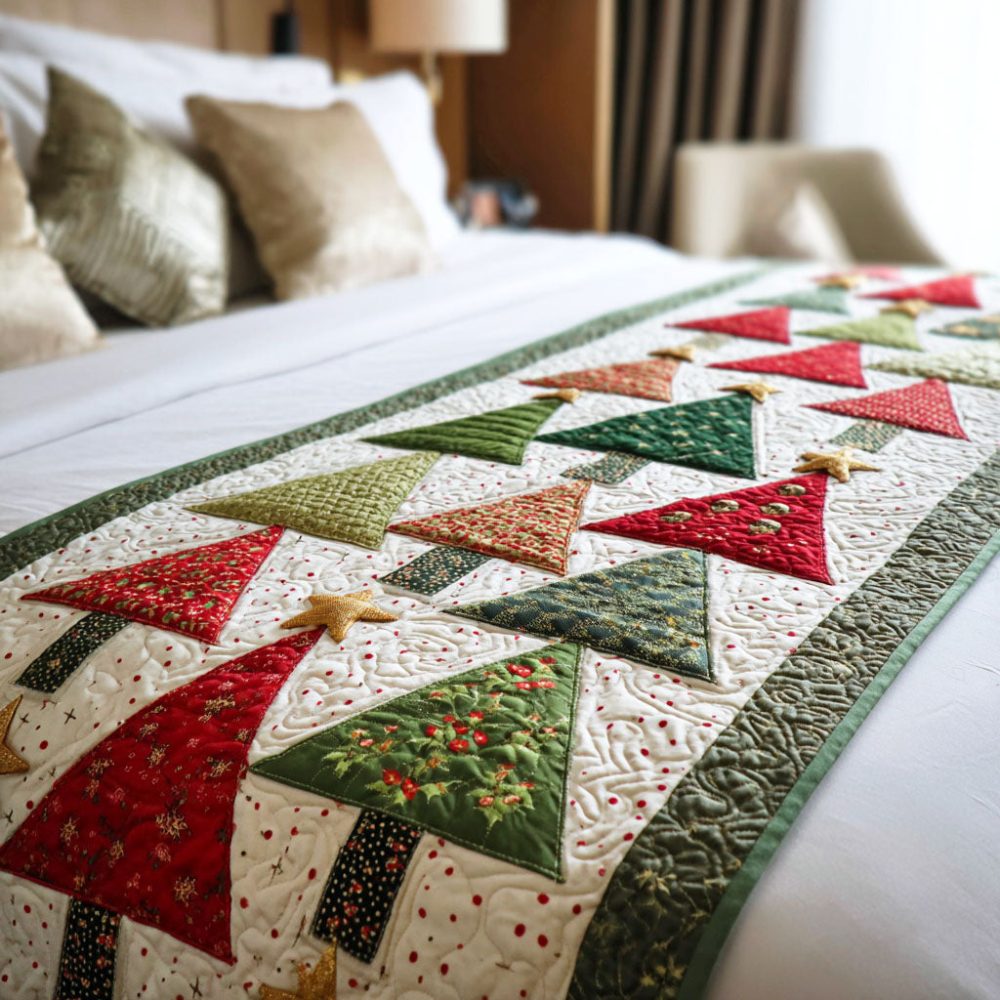 Frosted Tree Quilted Bed Runner — Icy Evergreen Holiday Bed Scarf, Quilted Winter Tree Accent For Seasonal Bedroom Styling