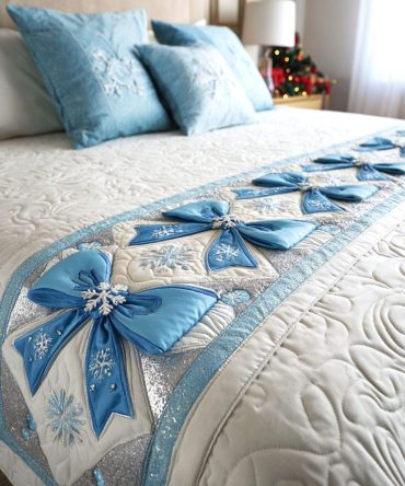 Frosted Bows Quilted Bed Runner — Charming Bow-Accented Christmas Bed Scarf, Quilted Holiday Decoration For Bedroom, Easy-Care Fabric