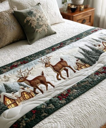 Frosted Caravan Quilted Bed Runner - Nordic-Inspired Winter Bed Scarf With Geometric Accents, Warm Quilting, Lightweight & Machine-Friendly