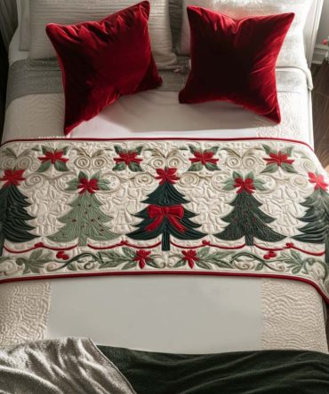 Frosted Evergreen Quilted Bed Runner — Classic Evergreen Bed Scarf For Winter & Holiday Décor, Quilted Cozy Accent Throw
