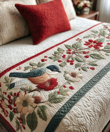 Frosted Feathers Quilted Bed Runner – Delicate Feather Motif Winter Accent, Soft Quilting, Elegant Seasonal Bedroom Layer