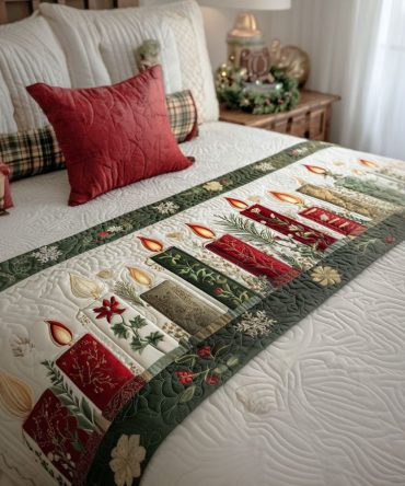 Frosted Florals Quilted Bed Scarf — Delicate Winter Floral Bed Runner, Quilted Throw Accent For Romantic Seasonal Bedroom Styling