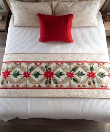 Frosted Holly Quilted Bed Runner — Icy Winter Holiday Bedding Accent, Festive Holly Motif, Soft Quilting & Easy-Care Cotton Blend