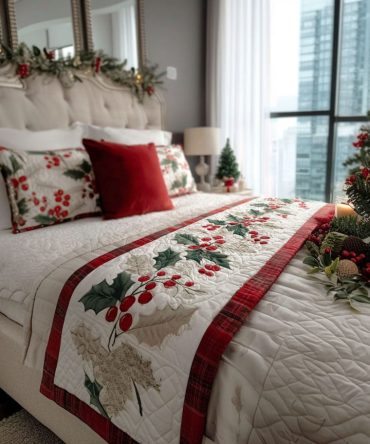Frosted Holly Trail Quilted Holiday Bed Scarf — Icy Holly Motif Christmas Runner, Reversible Quilted Bedding Accent For Winter Styling