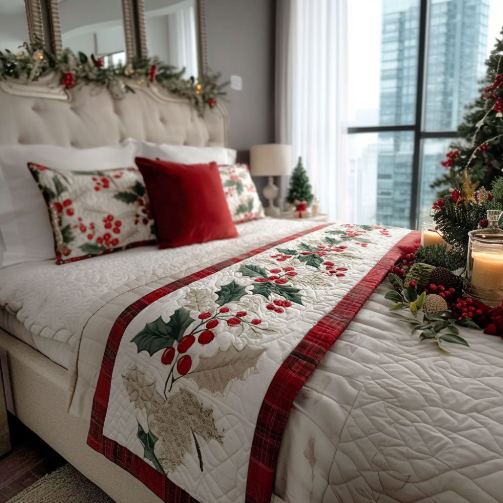 Frosted Holly Trail Quilted Holiday Bed Scarf — Icy Holly Motif Christmas Runner, Reversible Quilted Bedding Accent For Winter Styling