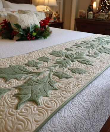 Frosted Leaves Quilted Bed Runner — Icy Leaf Design Bed Scarf, Winter Bedding Accent For Holiday Decor, Soft Quilted Cotton Blend