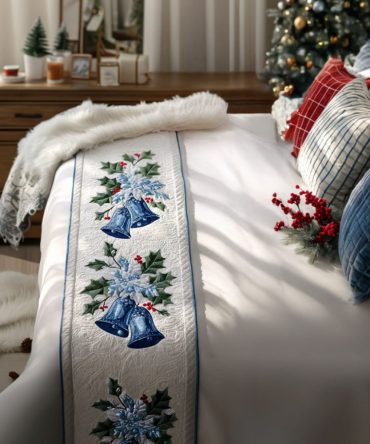 Frosted Melody Quilted Bed Runner – Icy Winter Bedding Accent With Subtle Musical Motifs, Soft Quilting, Reversible Design