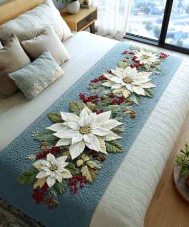 Frosted Petals Quilted Bed Runner — Delicate Winter Floral Accent, Soft Cotton-Blend, Reversible Design & Easy Care