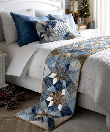 Frosted Petals Quilted Bed Runner — Icy Floral Quilted Bed Scarf For Winter & Holiday Décor, Delicate Decorative Accent, Reversible