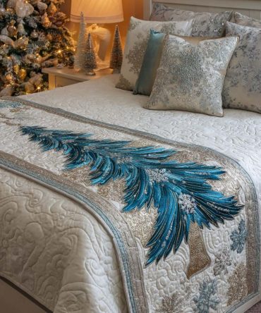 Frosted Pine Quilted Bed Runner - Evergreen Pine Holiday Bed Accent With Frosted Needles, Rustic Winter Decor, Reversible & Easy Care