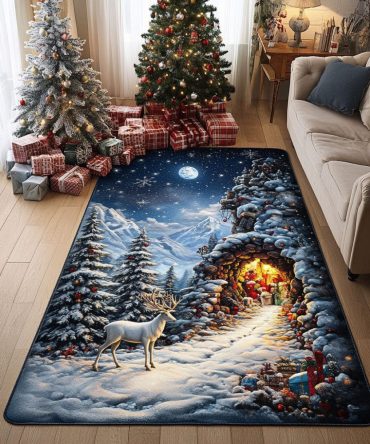 Frosted Pines Retreat Cabin Rug — Rustic Winter Forest Area Rug For Living Room Or Cabin, Durable Low-Pile Construction, Stain-Resistant & Cozy