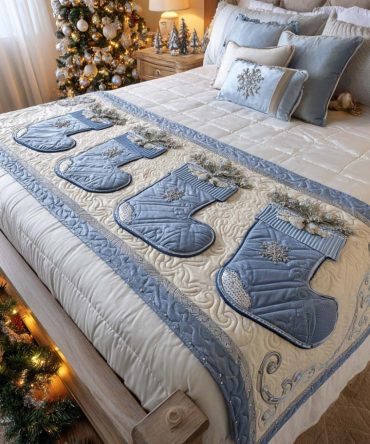 Frosted Stockings Quilted Bed Runner , Cozy Holiday Stocking Design For Queen & King Beds, Reversible, Machine-Washable